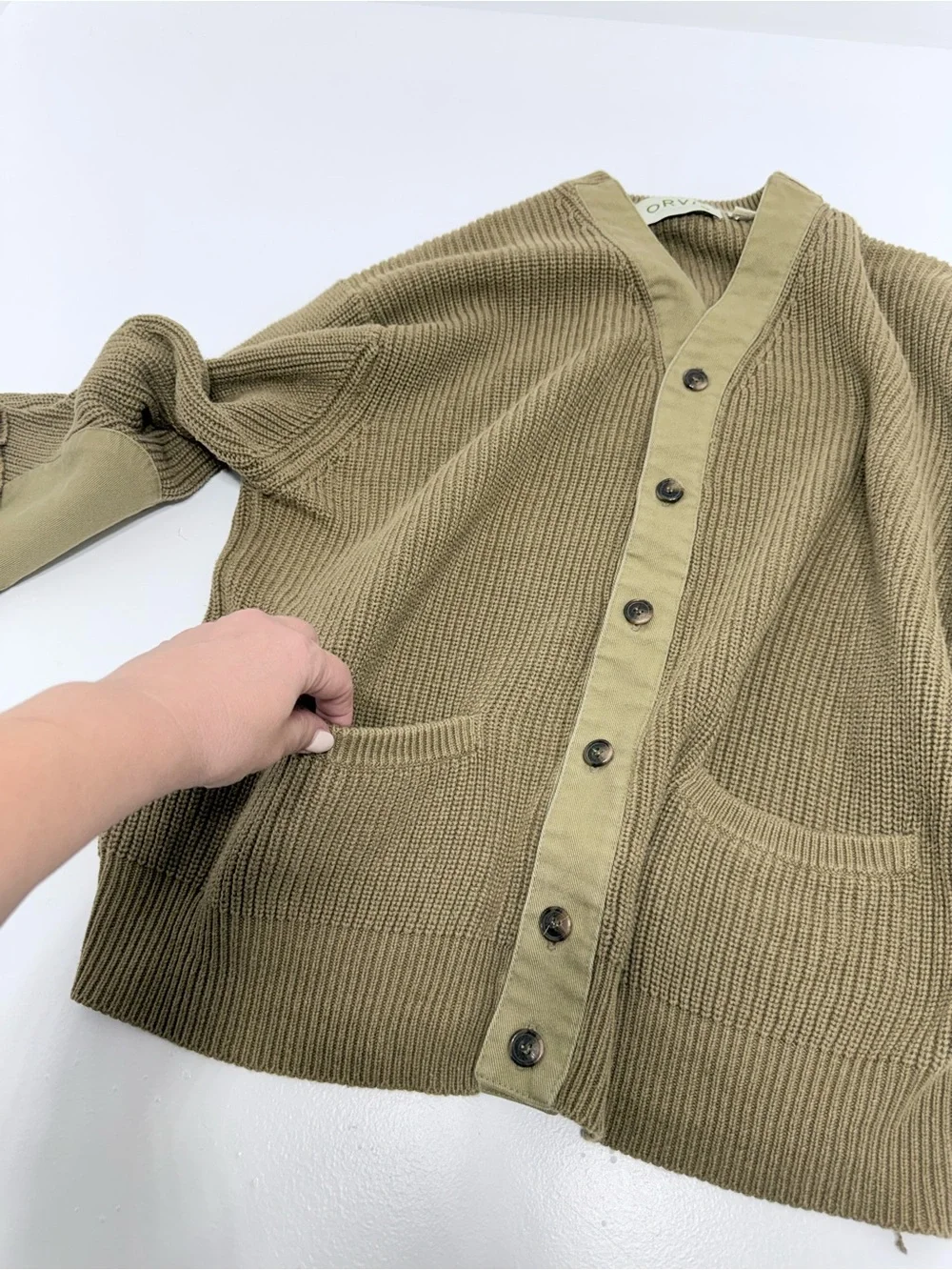 Orvis Men L Olive 100% Cotton V-Neck Rib Knit Cardigan Elbow Patch Button Front